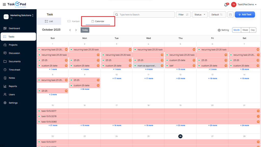 TaskOPad calendar view
